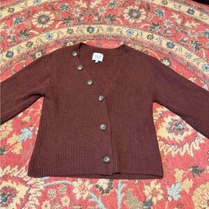 Eileen Fisher Chocolate Brown Ribbed Wool Button-Front Cardigan